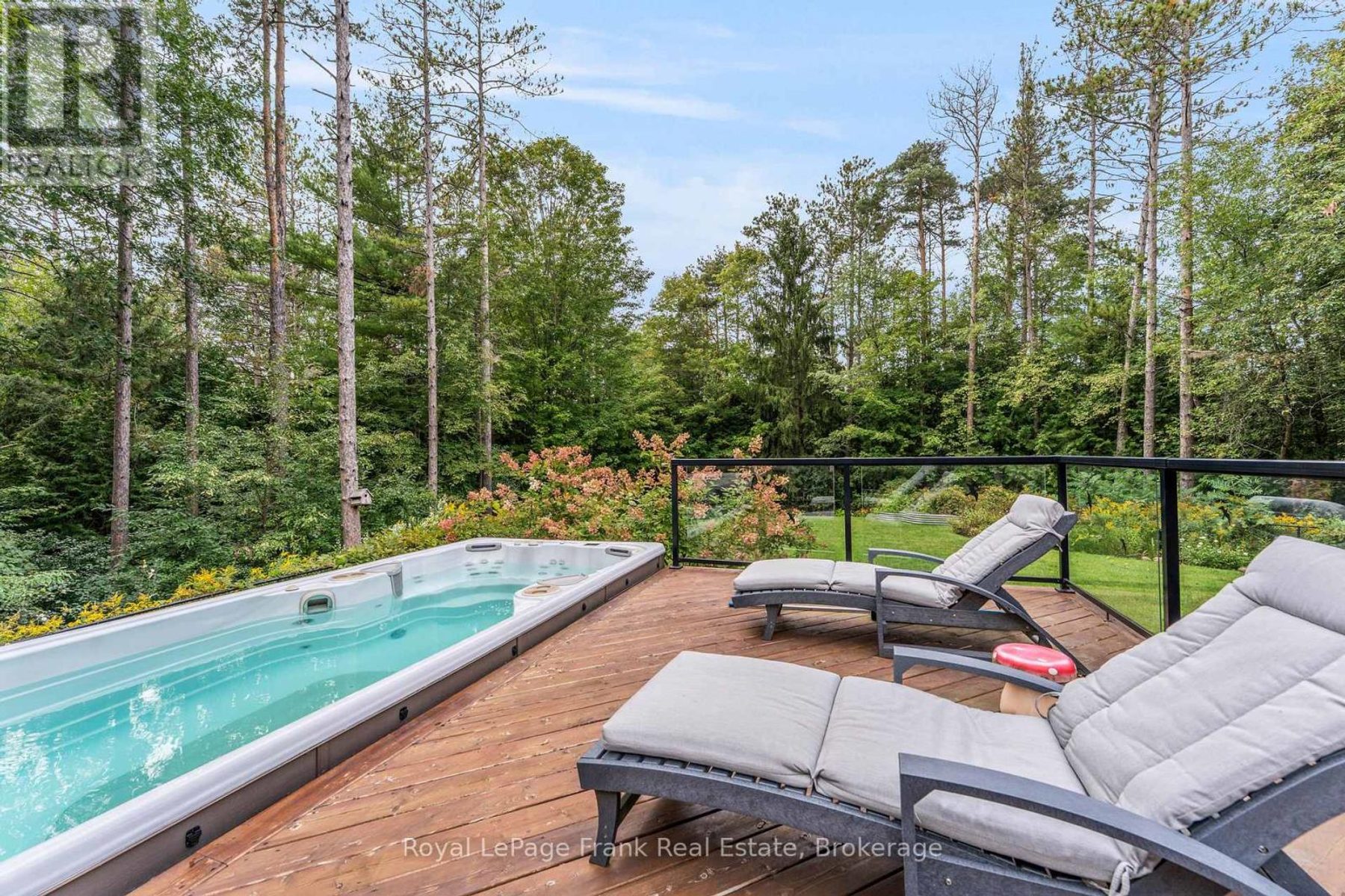 860 Brookdale Rd, Uxbridge — swim spa and patio surrounded by forest